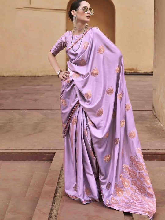 Alluring Hot Pink Woven Satin Soft Silk Saree With Zari Weaving