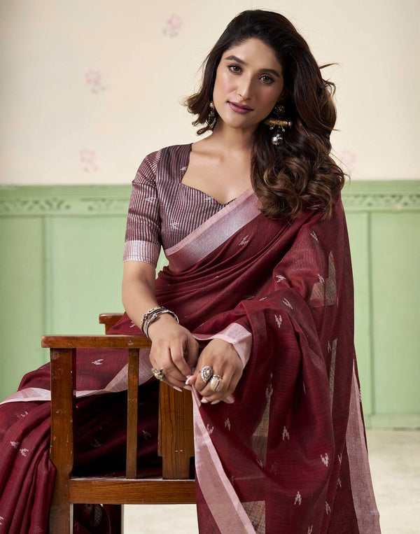 Anemones Maroon Casual Linen Silk Saree