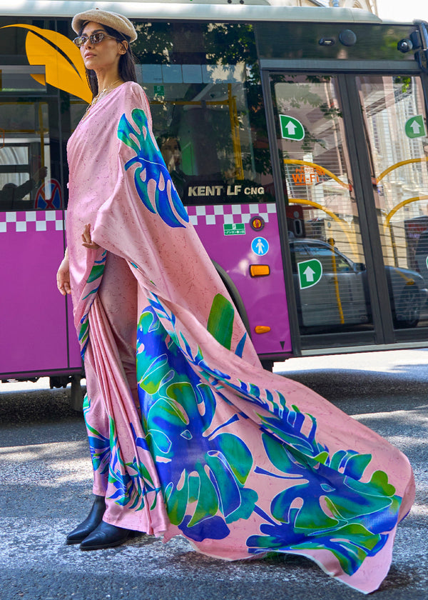 Baby Pink And bluePrinted Satin Crepe Saree