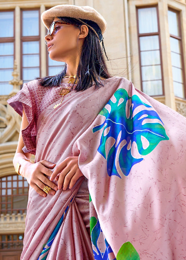 Baby Pink And bluePrinted Satin Crepe Saree
