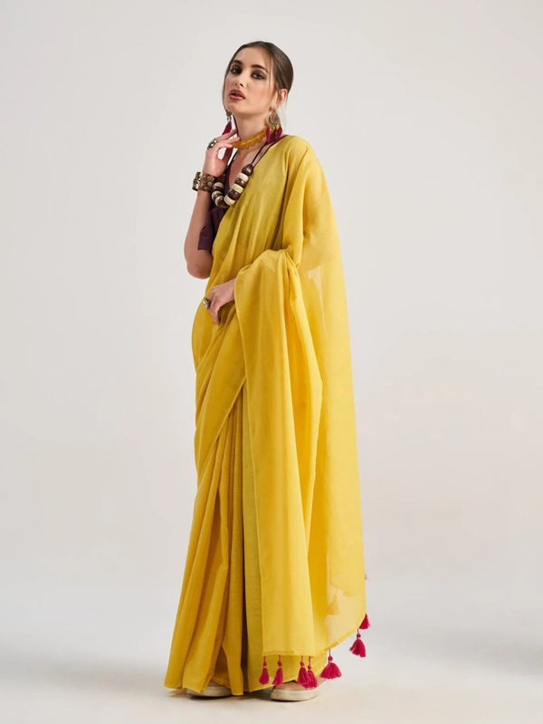 Yellow Mul Mul Cotton Saree With Blouse